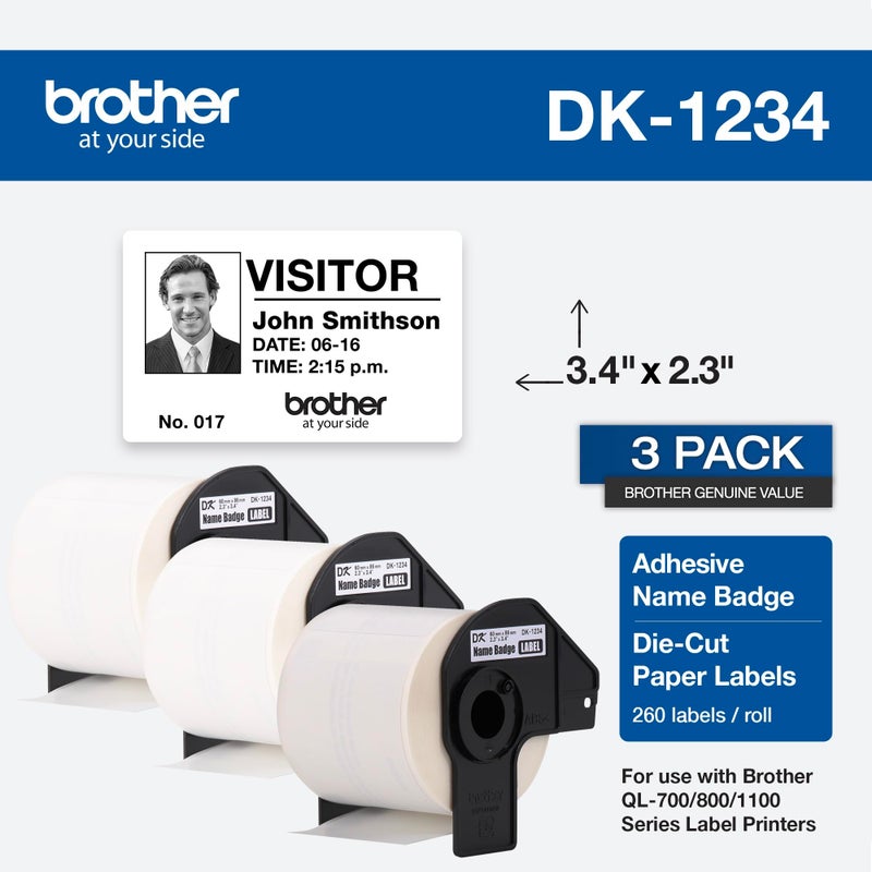 Brother Genuine DK-12343PK Die-Cut Name Badge Paper Labels, 2.3 in x 3.4 in (60 mm x 86 mm) Adhesive Name Badge White Paper Labels, 260 Labels per Roll, (3) Rolls per Box - Image 2